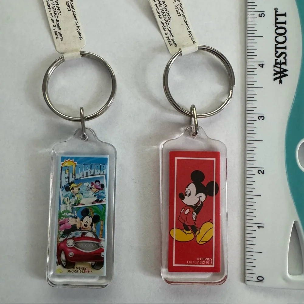 Set of 2 Disney lucite acrylic keychains Mickey Mouse & Florida key rings NEW
